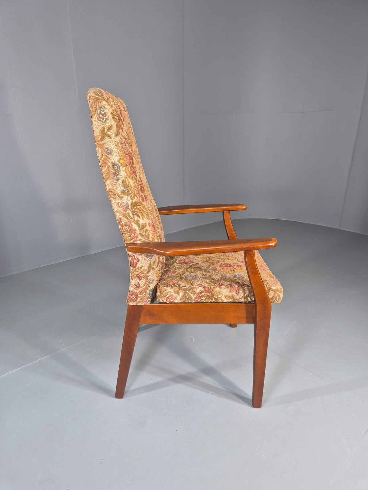 High back lounge chair rear view hardwood frame