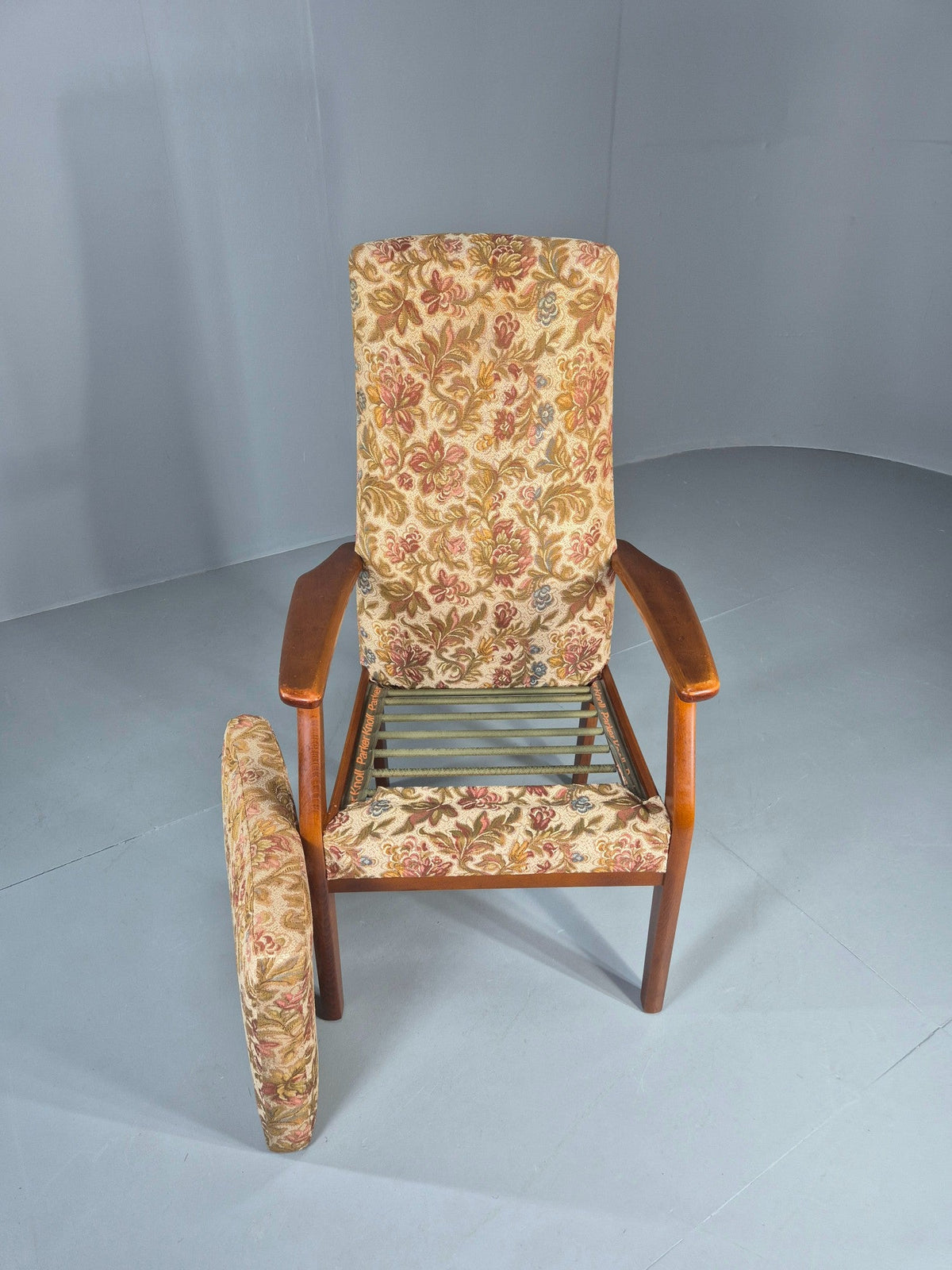 High back lounge chair wooden leg metal fixing detail