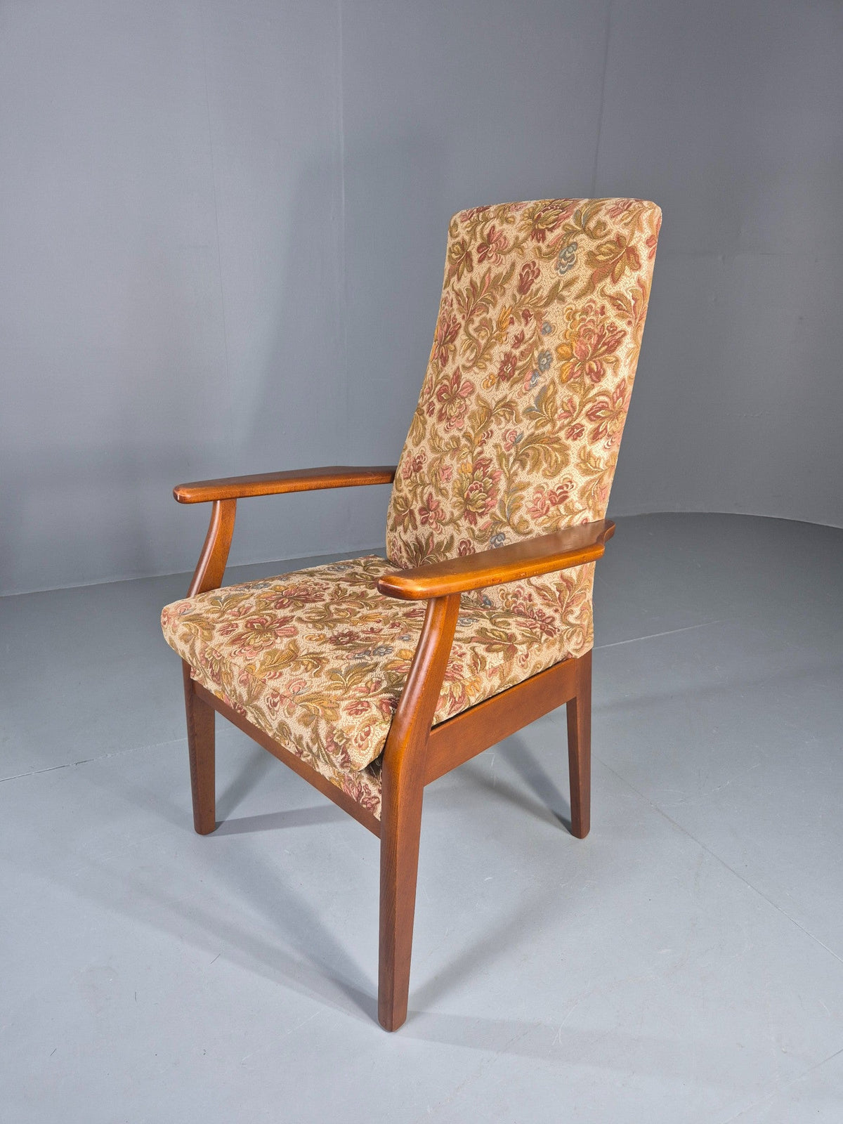 Vintage High Back Lounge Chair Floral Upholstery 1960s front view