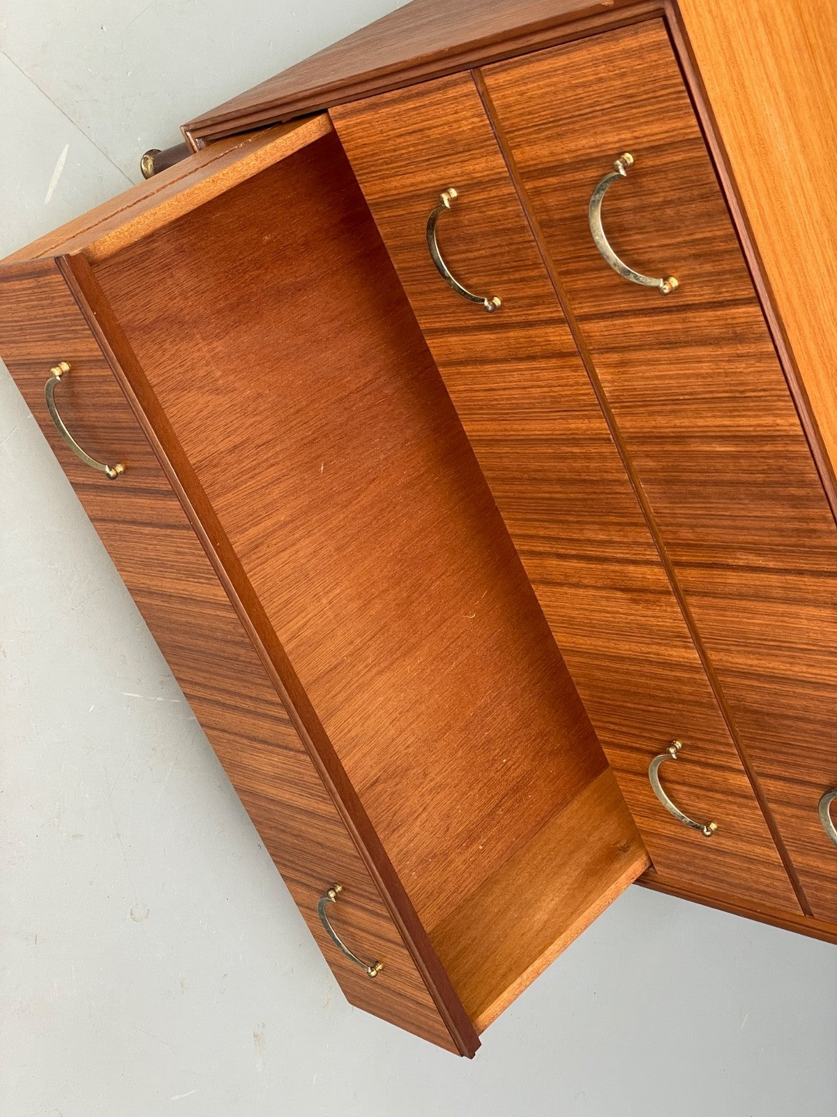 Vintage Walnut-Veneer Chest of Drawers Brass Handles 1960s British Mid-Century