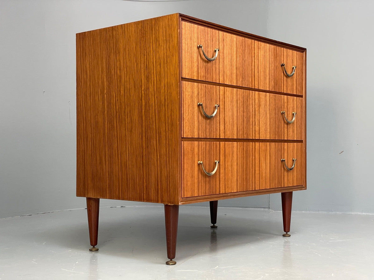 Vintage Walnut-Veneer Chest of Drawers Brass Handles 1960s British Mid-Century