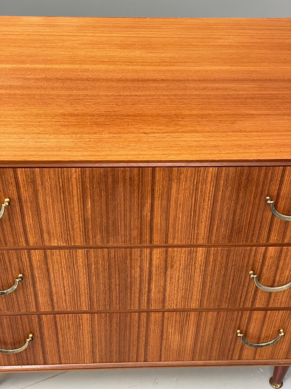 Vintage Walnut-Veneer Chest of Drawers Brass Handles 1960s British Mid-Century