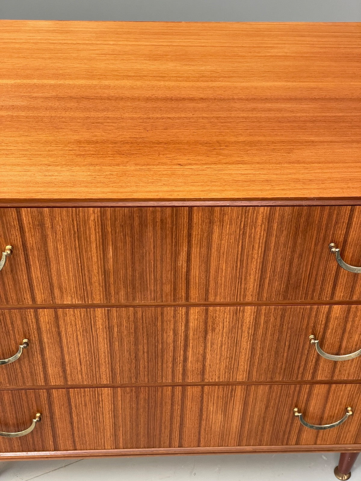 Vintage Walnut-Veneer Chest of Drawers Brass Handles 1960s British Mid-Century