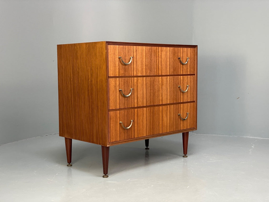 Vintage Walnut-Veneer Chest of Drawers Brass Handles 1960s British Mid-Century