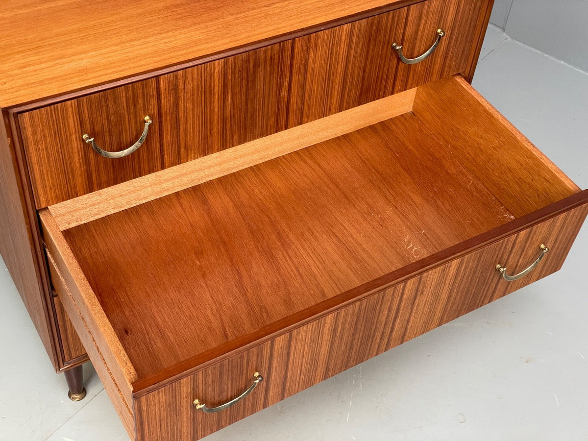Vintage Walnut-Veneer Chest of Drawers Brass Handles 1960s British Mid-Century