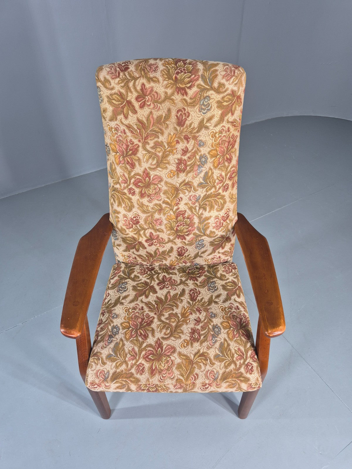 High back lounge chair floral fabric close-up multi-colour