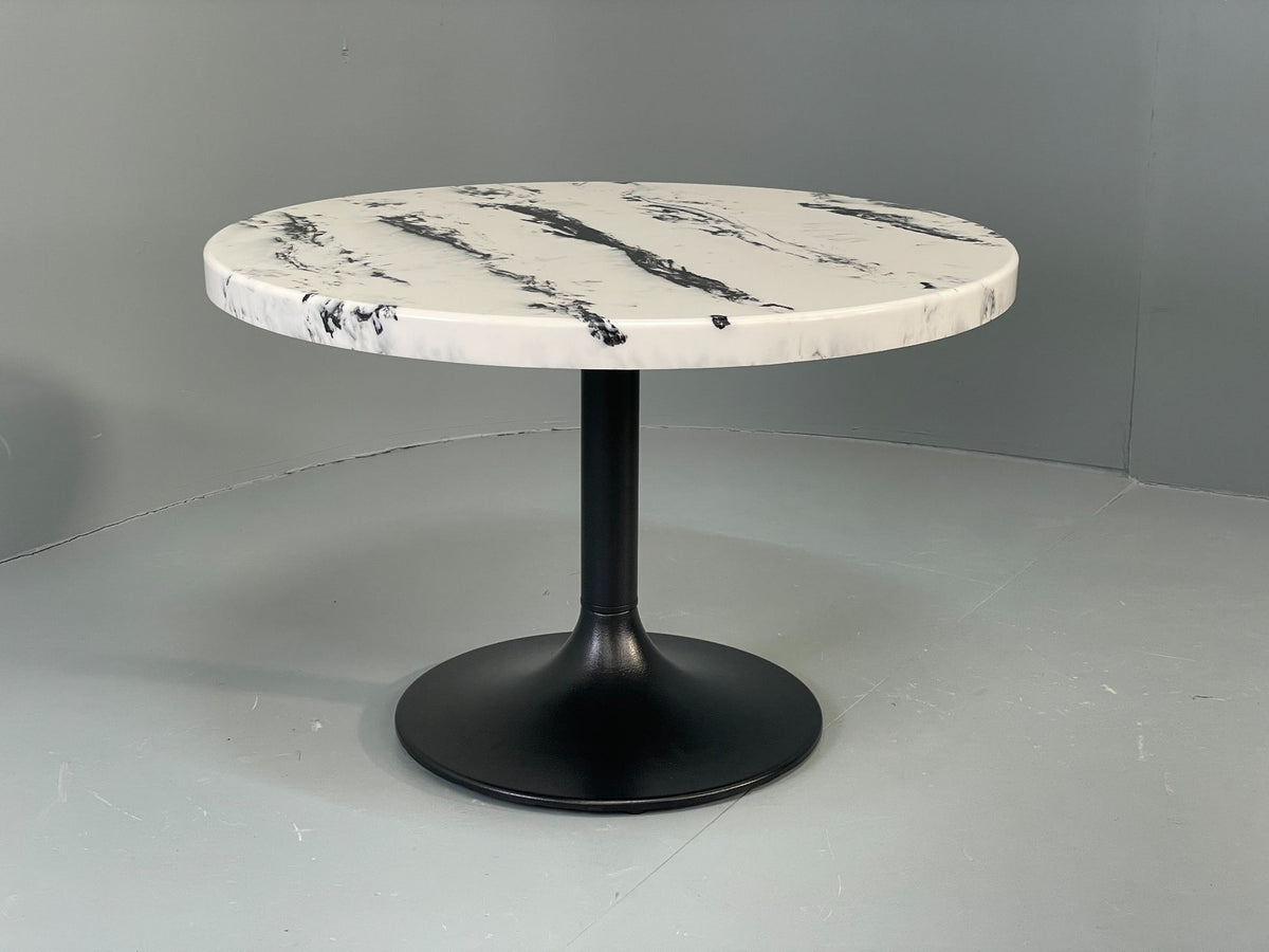 Modern Round Side Table Faux Marble Top Black Metal Base