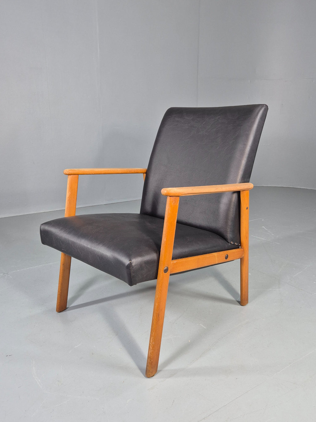 Vintage Teak Lounge Chair 1960s Black Vinyl front view