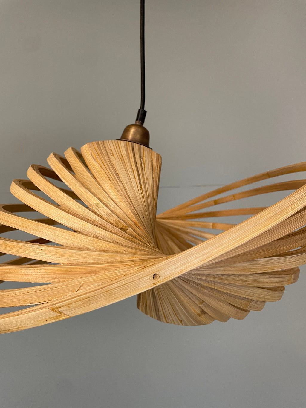 Bamboo pendant lamp overhead angle open weave