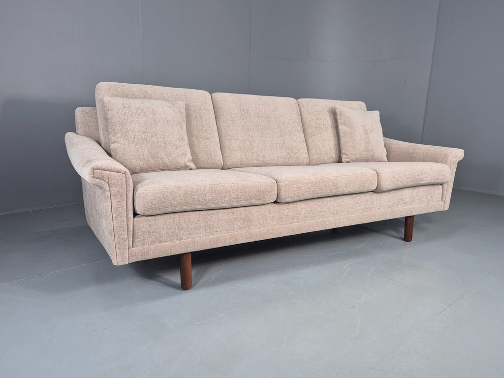 Vintage Danish 3 Seater Sofa New Upholstery beige front view