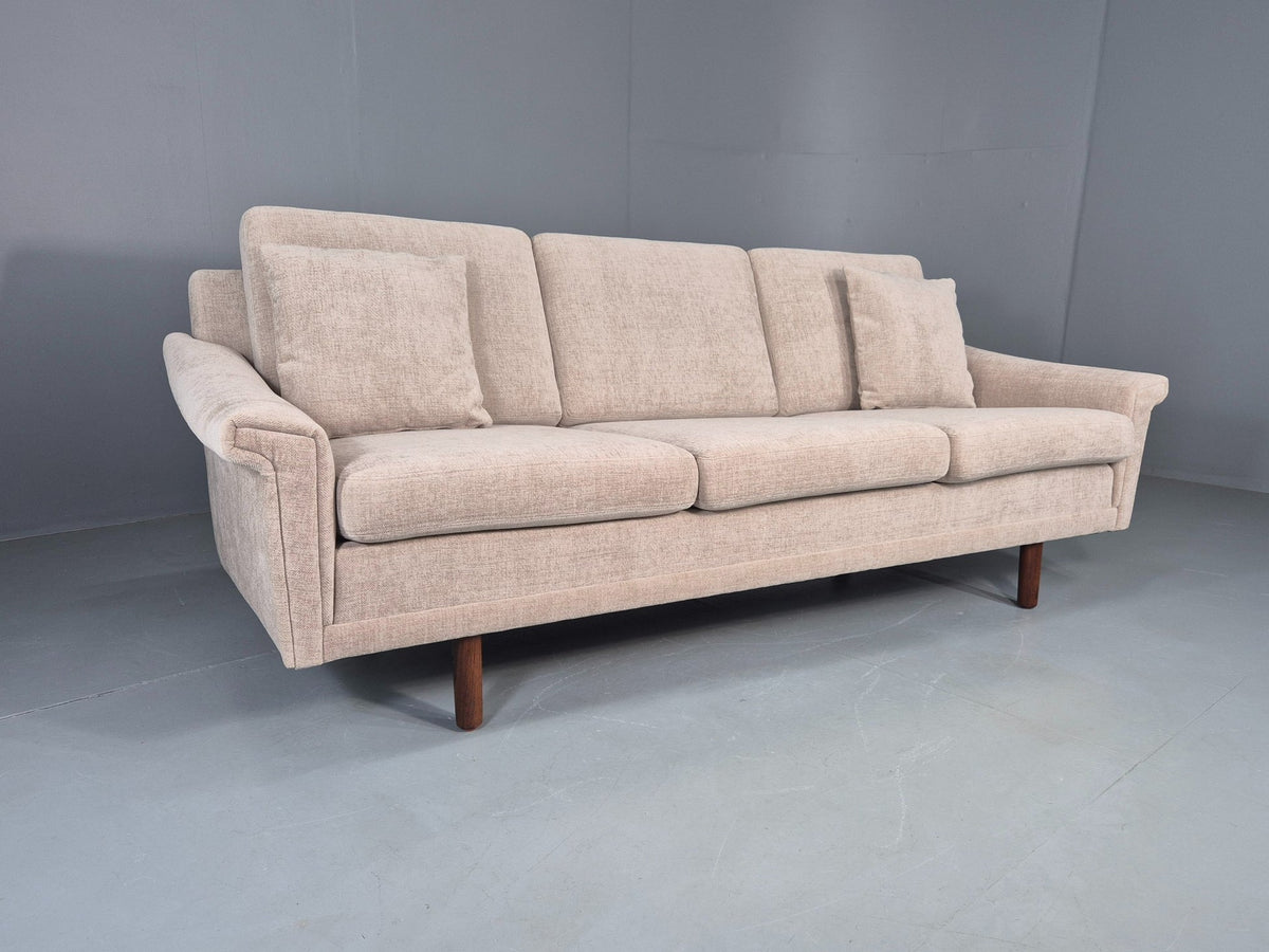 Vintage Danish 3 Seater Sofa New Upholstery beige front view
