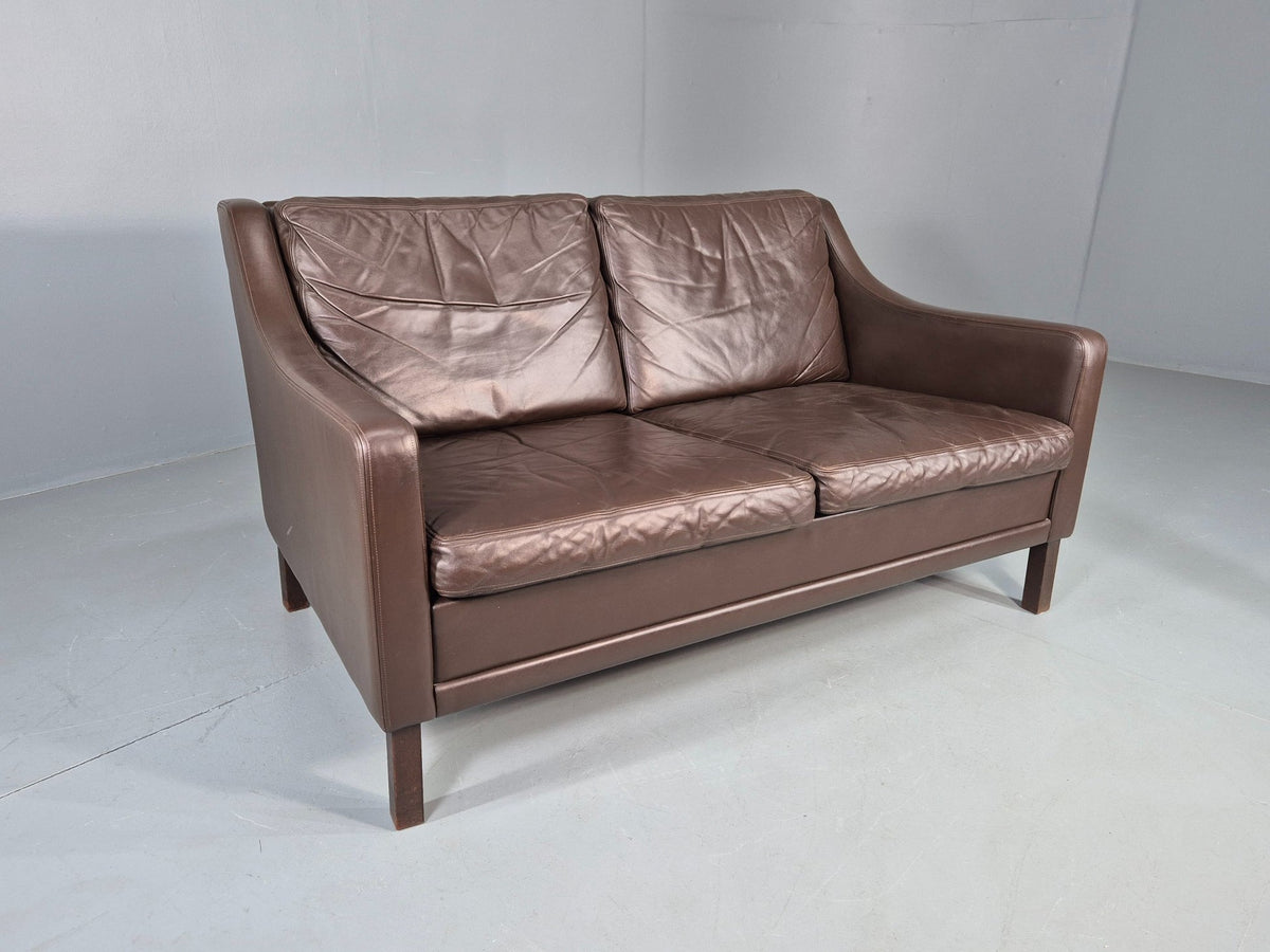 Vintage Danish 2 Seater Brown Leather Sofa 1970s front view