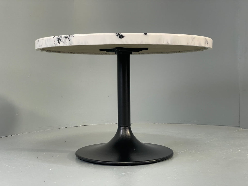 Faux marble side table black powder-coated base close-up