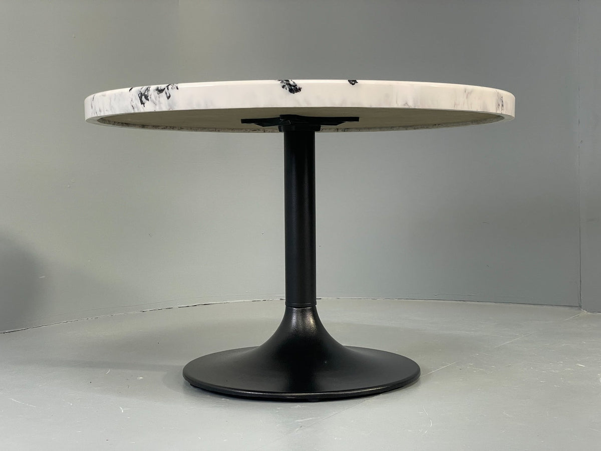 Faux marble side table black powder-coated base close-up